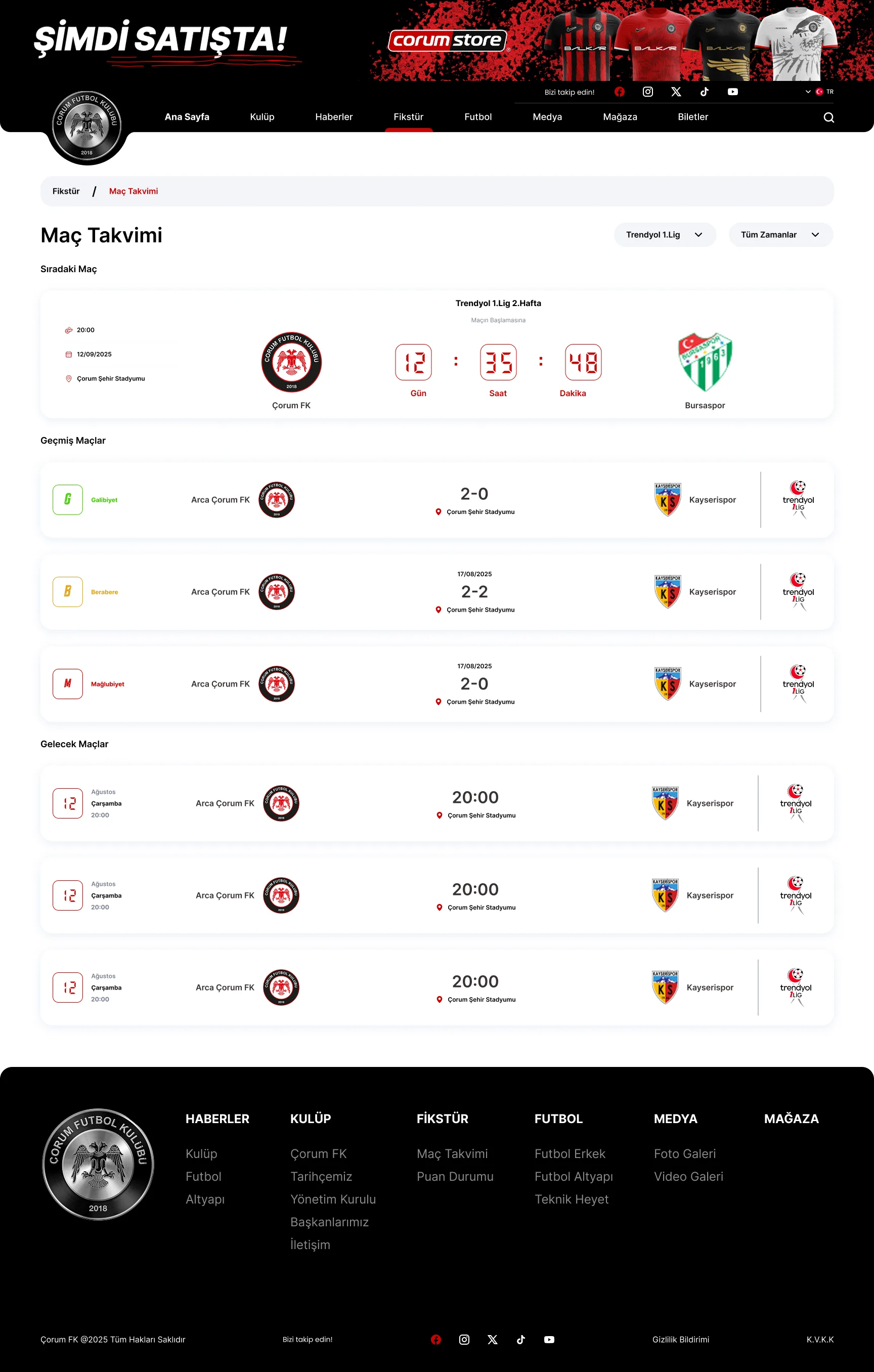 Çorum FK maç takvimi ve canlı skor sayfası