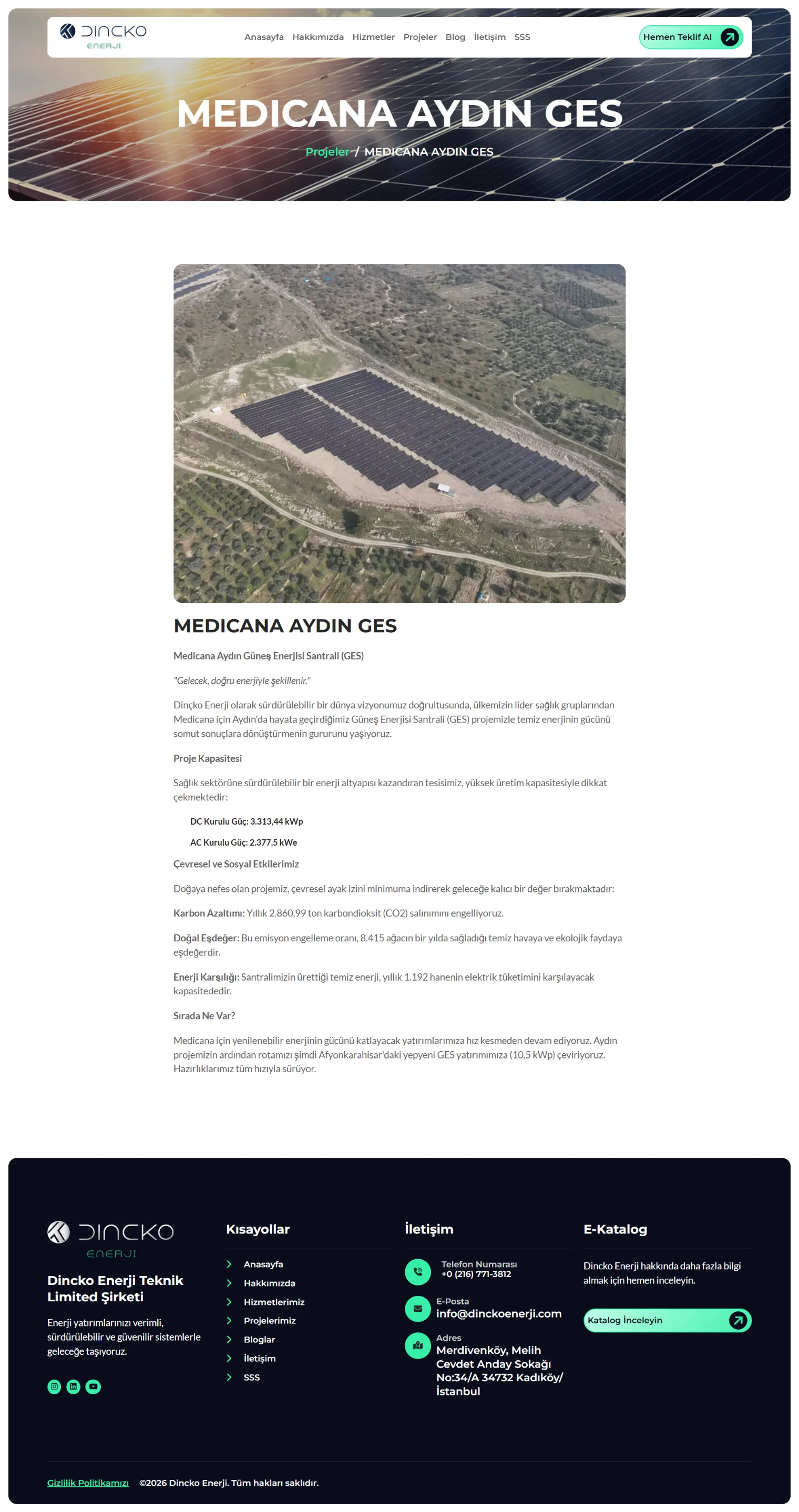 Dincko Enerji proje detay sayfası - Medicana Aydın GES