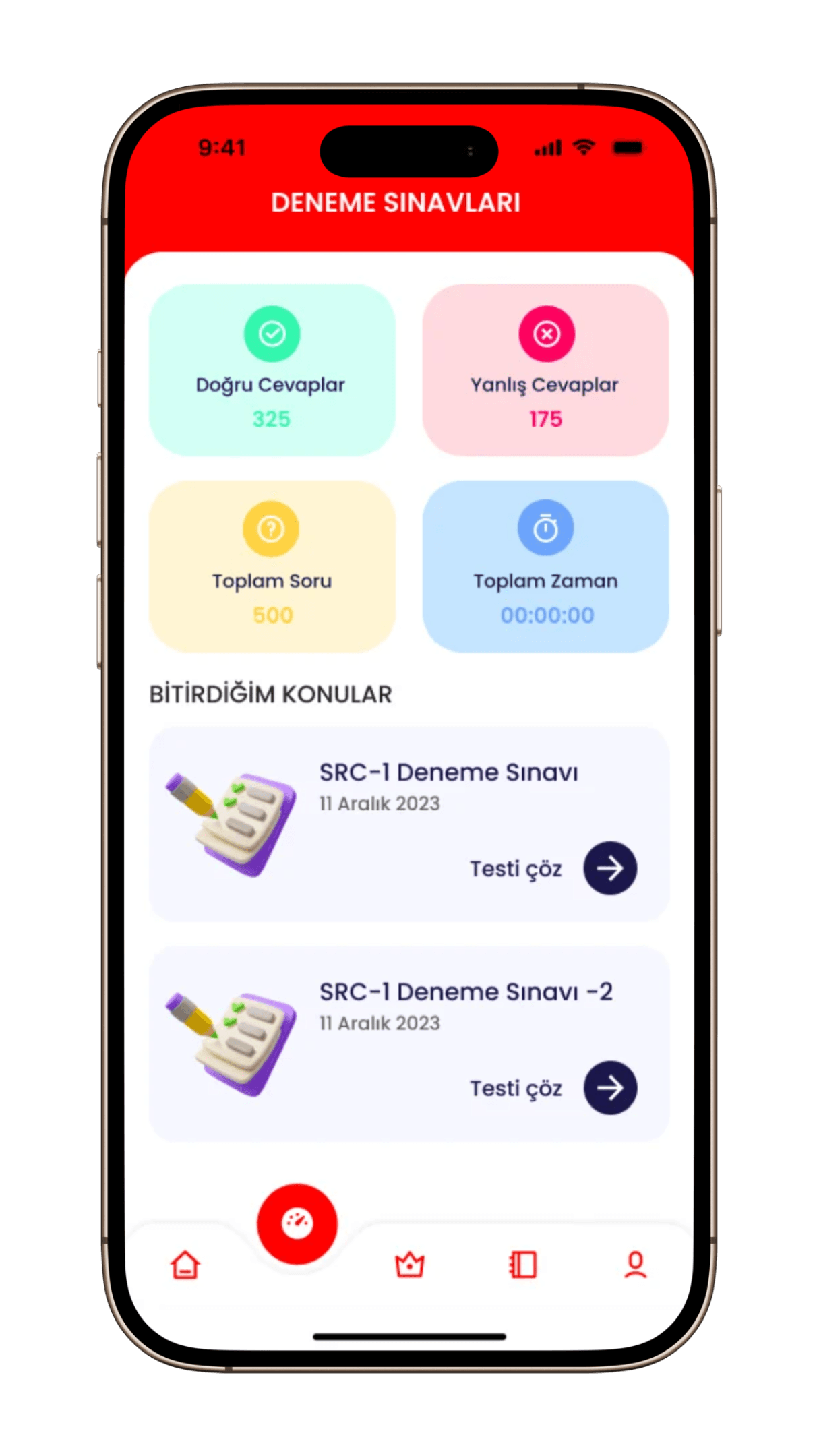 Src Kursum deneme sınavları istatistik ekranı