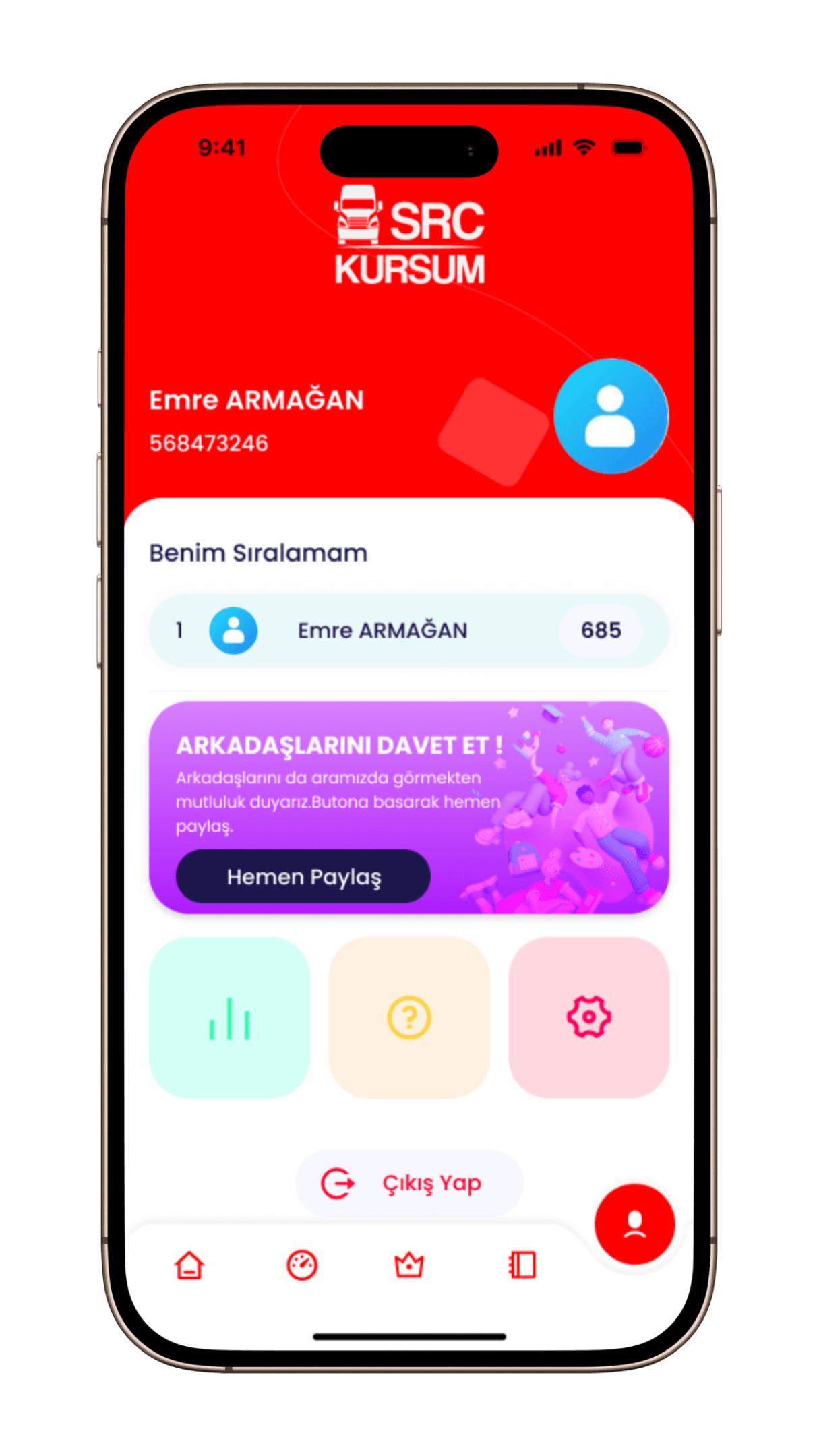 Src Kursum profil ve arkadaş davet ekranı