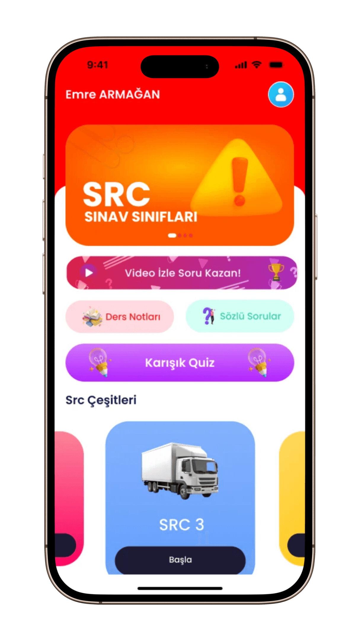 Src Kursum SRC sınav sınıfları ana ekranı